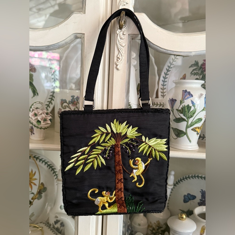 Beaded monkey motif mini black bag